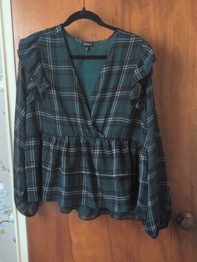 torrid Teal and Black Plaid Ruffle Peplum Blouse